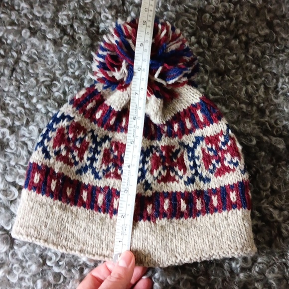 Handknit Wool Pom-Pom Hat for Kids -Burgundy, Blue, and Cream - Picture 6 of 6